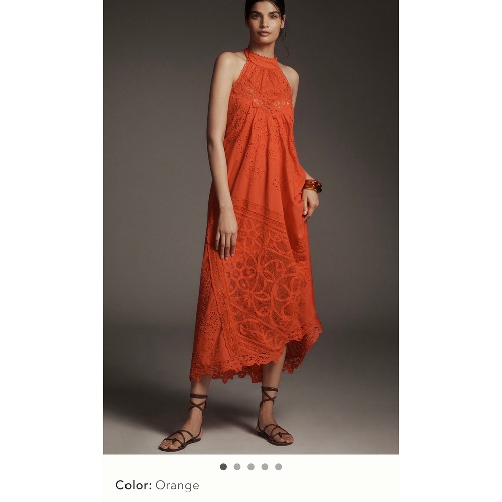 Anthropologie Orange Eyelet Lace Halter Maxi Dress boho Open Back NWT Size L